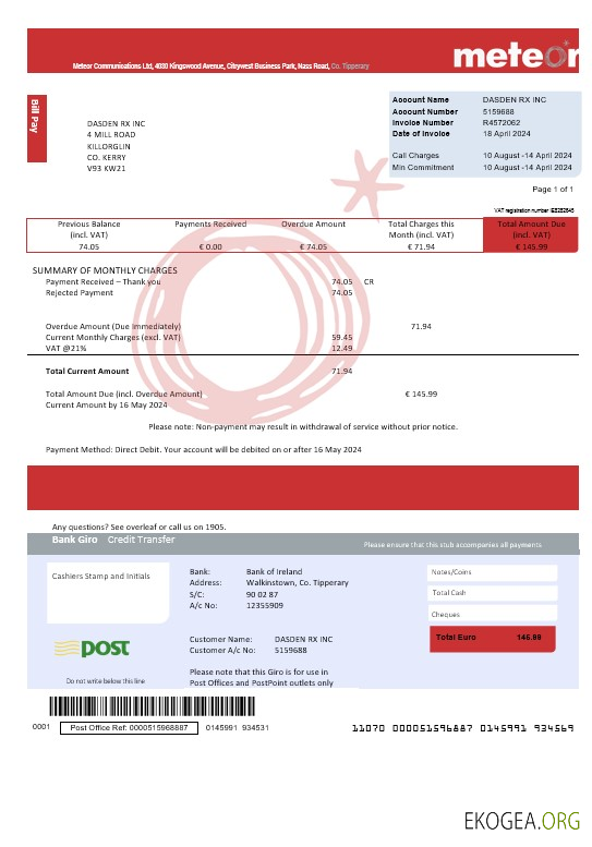 Modèle de facture de services publics d'entreprise Ireland Meteor entièrement modifiable aux formats PSD